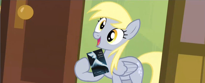 Size: 1050x425 | Tagged: safe, derpibooru import, derpy hooves, pegasus, pony, rainbow falls, book, derpy's flag, exploitable meme, female, fifty shades of grey, mare, meme, solo