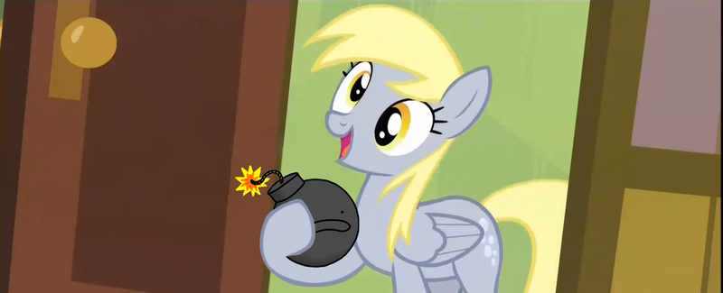 Size: 1920x781 | Tagged: safe, derpibooru import, derpy hooves, pegasus, pony, rainbow falls, spoiler:comic, bomb, derpy's flag, exploitable meme, female, mare, meme, sad bomb, solo, weapon