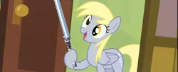 Size: 1280x521 | Tagged: safe, derpibooru import, edit, derpy hooves, pegasus, pony, rainbow falls, beam katana, derpy's flag, exploitable meme, female, mare, meme, no more heroes, solo, sword, tsubaki, weapon