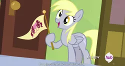 Size: 1152x607 | Tagged: safe, derpibooru import, edit, edited screencap, screencap, derpy hooves, pegasus, pony, rainbow falls, caption, derpy's flag, female, google, hub logo, mare, meme, solo, youtube caption