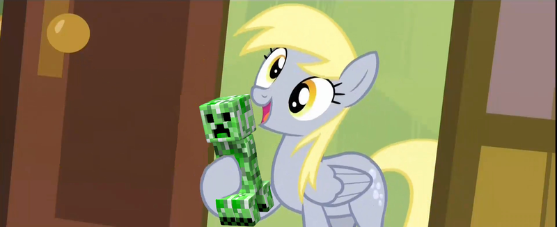 Size: 1280x521 | Tagged: safe, derpibooru import, edit, screencap, derpy hooves, pegasus, pony, rainbow falls, creeper, derpy's flag, exploitable meme, female, mare, meme, minecraft