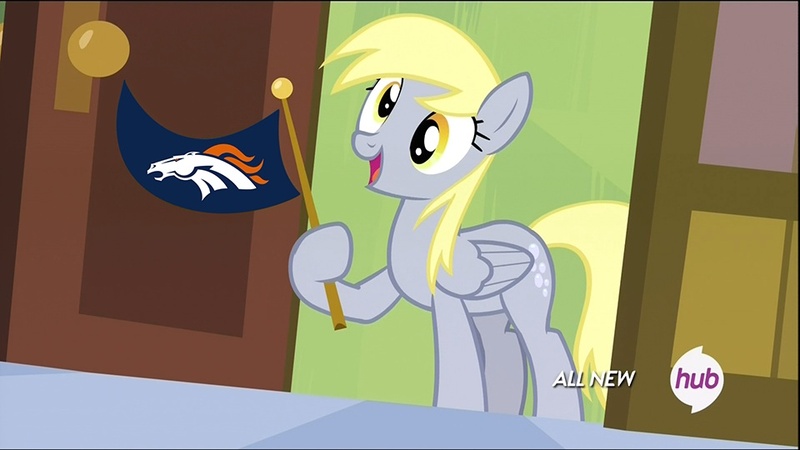 Size: 960x540 | Tagged: safe, derpibooru import, derpy hooves, pegasus, pony, rainbow falls, american football, denver broncos, derpy's flag, exploitable meme, female, hub logo, mare, meme, nfl, solo, sports