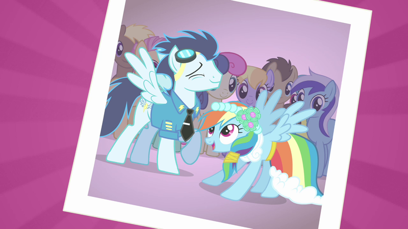 Size: 1280x720 | Tagged: safe, derpibooru import, screencap, bon bon, candy mane, cloud kicker, coco crusoe, doctor whooves, minuette, rainbow dash, soarin', sweetie drops, time turner, earth pony, pegasus, pony, a canterlot wedding, clothes, cute, dancing, dashabetes, eyes closed, female, male, mare, open mouth, raised hoof, smiling, spread wings, stallion, uniform, wings, wonderbolts dress uniform