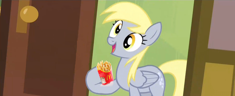 Size: 1043x425 | Tagged: safe, derpibooru import, derpy hooves, pegasus, pony, rainbow falls, derpy's flag, exploitable meme, female, food, french fries, mare, mcdonald's, meme, product placement, solo