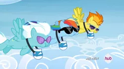 Size: 1280x717 | Tagged: all new, aweeg*, derpibooru import, eating, feed bag, fleetfoot, flying, formation, horses doing horse things, puffy cheeks, rainbow dash, rainbow falls, safe, screencap, spitfire, spread wings, sunglasses, text, wings