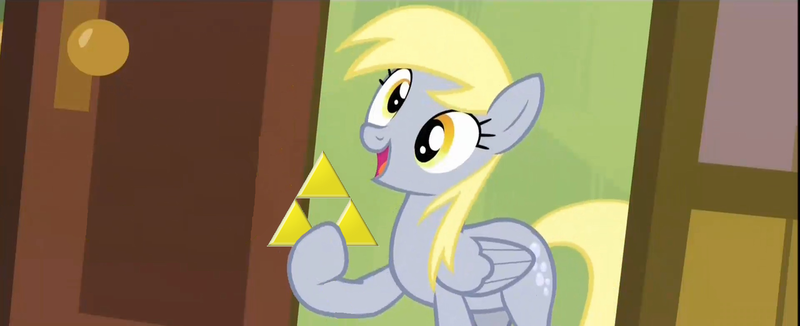 Size: 1280x521 | Tagged: safe, derpibooru import, edit, screencap, derpy hooves, pegasus, pony, rainbow falls, derpy's flag, exploitable meme, female, mare, meme, solo, the legend of zelda, this will end in tears, triforce