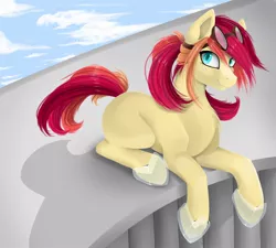 Size: 942x848 | Tagged: safe, artist:santagiera, derpibooru import, oc, oc:sunlight dab, unofficial characters only, earth pony, pony, blank flank, bunches, cloud, female, freckles, glass slipper (footwear), goggles, horseshoes, looking at you, looking up, mare, outdoors, ponytail, prone, sky, smiling, solo