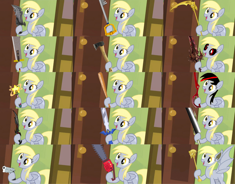 Size: 3335x2610 | Tagged: safe, derpibooru import, edit, edited screencap, screencap, derpy hooves, bat pony, pony, rainbow falls, axe, baseball bat, caption, chainsaw, compilation, derpy's flag, exploitable meme, god of war, gun, image macro, keyblade, kill la kill, kingdom hearts, kirby, master sword, meme, scepter, skyrim, soul calibur, soul edge, star rod, sword, text, the elder scrolls, the legend of zelda, twilight scepter, weapon