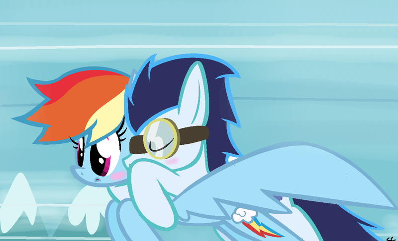 Size: 1212x736 | Tagged: safe, artist:littlecloudie, derpibooru import, rainbow dash, soarin', rainbow falls, female, kiss on the cheek, kissing, male, shipping, soarindash, straight, wonderbolts