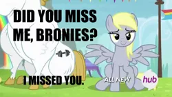 Size: 869x489 | Tagged: safe, derpibooru import, bulk biceps, derpy hooves, pegasus, pony, bedroom eyes, bronybait, caption, female, image macro, looking at you, mare, text, the grey one's glorious return, welcome back derpy