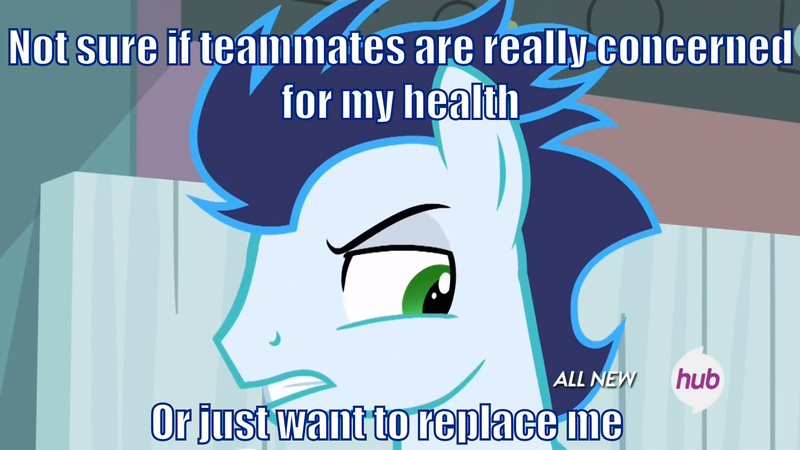 Size: 1440x810 | Tagged: caption, derpibooru import, dialogue, edit, edited screencap, exploitable meme, futurama, hospital, hub logo, image macro, male, meme, not sure if, rainbow falls, safe, screencap, soarin', solo, stallion, suspicious, text