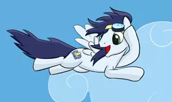 Size: 1280x762 | Tagged: safe, artist:nintonbp, derpibooru import, soarin', pegasus, pony, cloud, flying, goggles, looking back, male, scene interpretation, sky, solo, stallion