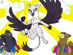 Size: 1100x840 | Tagged: safe, artist:xsizorback, derpibooru import, gaston (griffon), giselle, irma, natalya, gryphon, rainbow falls, griffon team