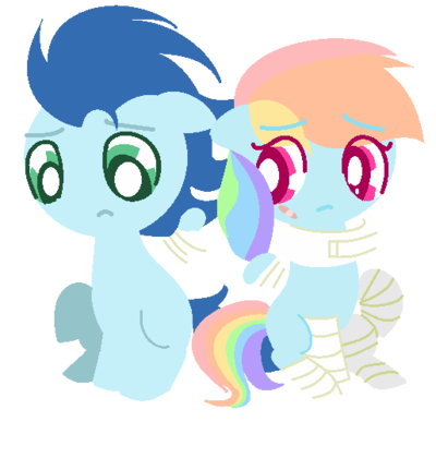 Size: 400x431 | Tagged: safe, artist:princess-big-mac, derpibooru import, rainbow dash, soarin', rainbow falls, bandage, feignbow dash, female, injured, lineless, male, shipping, soarindash, straight