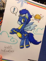 Size: 852x1136 | Tagged: artist:katiecandraw, clothes, derpibooru import, flying, food, heart, pie, rainbow dash, safe, soarin', solo, that pony sure does love pies, traditional art, uniform, wonderbolts uniform