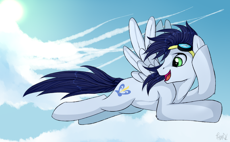 Size: 1024x631 | Tagged: dead source, safe, artist:rainbowaliona, derpibooru import, soarin', pegasus, pony, cloud, contrail, flying, goggles, looking back, male, scene interpretation, sky, solo, stallion, sun