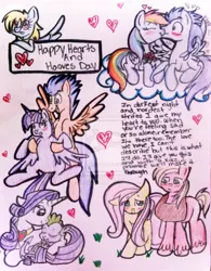 Size: 1024x1313 | Tagged: safe, artist:soarindash4ever, derpibooru import, big macintosh, derpy hooves, flash sentry, fluttershy, rainbow dash, rarity, soarin', spike, twilight sparkle, twilight sparkle (alicorn), alicorn, pony, blushing, carrying, cloud, cuddling, eyes closed, female, flashlight, floppy ears, fluttermac, flying, heart, hearts and hooves day, kissing, male, mare, nervous, open mouth, poem, prone, scrunchy face, shipping, shy, sleeping, smiling, snuggling, soarindash, sparity, spread legs, spread wings, spreading, straight, surprise kiss, surprised, traditional art, wings