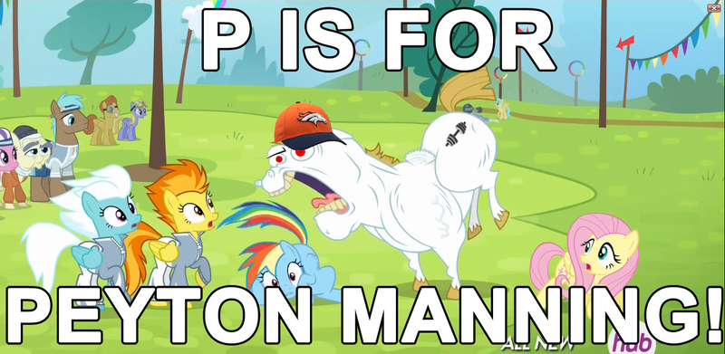 Size: 1366x668 | Tagged: american football, bulk biceps, denver broncos, derpibooru import, equestria games (episode), fluttershy, forehead, meme, omaha, peyton manning, p is for, rainbow dash, rainbow falls, roid rage, safe, soarin', spitfire, super bowl, wonderbolts