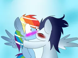 Size: 1024x768 | Tagged: safe, artist:mylittlepony651, derpibooru import, rainbow dash, soarin', blushing, female, kissing, male, shipping, soarindash, straight