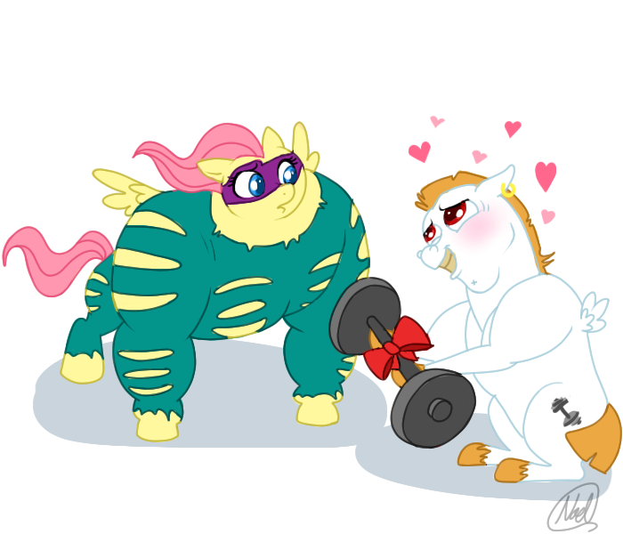 Size: 700x600 | Tagged: safe, artist:mc10215, derpibooru import, bulk biceps, fluttershy, saddle rager, power ponies (episode), female, flutterbulk, flutterceps, flutterhulk, heart, male, power ponies, shipping, straight, weights