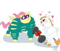 Size: 700x600 | Tagged: safe, artist:mc10215, derpibooru import, bulk biceps, fluttershy, saddle rager, power ponies (episode), female, flutterbulk, flutterceps, flutterhulk, heart, male, power ponies, shipping, straight, weights