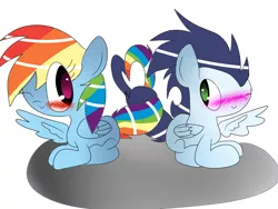 Size: 1024x768 | Tagged: safe, artist:mylittlepony651, derpibooru import, rainbow dash, soarin', blushing, female, male, shipping, soarindash, straight