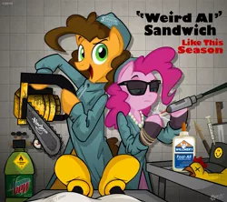 Size: 1955x1734 | Tagged: safe, artist:wolfjedisamuel, derpibooru import, boneless, cheese sandwich, iron will, pinkie pie, earth pony, pony, pinkie pride, chainsaw, elmer's glue, female, hasbro logo, laser, like a surgeon, male, mare, mickey mouse, mountain dew, offscreen character, parody, parody of a parody, pov, saving mr. banks, stallion, surgeon simulator 2013, this will end in death, this will end in tears, this will end in tears and/or death, weird al yankovic