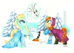 Size: 800x570 | Tagged: safe, artist:amy mebberson, derpibooru import, ponified, dragon, pony, anna, disney, dragonified, elsa, frozen (movie), olaf, species swap