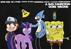Size: 2316x1601 | Tagged: artist:supermaster10, bad fanfic, bill cipher, crossover, derpibooru import, dipper pines, gravity falls, journal #3, mass crossover, mordecai, regular show, safe, sheldon j. plankton, spongebob squarepants, this will not end well, twilight sparkle
