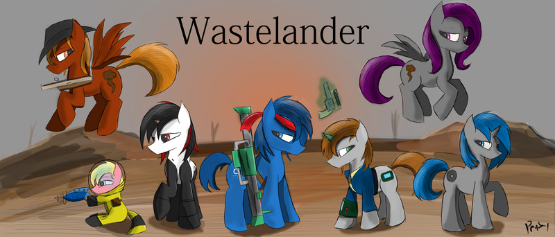 Size: 6501x2780 | Tagged: safe, artist:penby, derpibooru import, oc, oc:blackjack, oc:calamity, oc:homage, oc:littlepip, oc:morning glory (project horizons), oc:p-21, oc:puppysmiles, unofficial characters only, cyborg, earth pony, pegasus, pony, unicorn, fallout equestria, fallout equestria: pink eyes, fallout equestria: project horizons, fanfic, battle saddle, clothes, fanfic art, female, filly, foal, glowing horn, gun, handgun, hat, hazmat suit, horn, levitation, little macintosh, magic, male, mare, pipbuck, revolver, rifle, stallion, telekinesis, vault suit, wasteland, weapon, wings