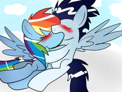 Size: 1024x768 | Tagged: safe, artist:mylittlepony651, derpibooru import, rainbow dash, soarin', blushing, female, kissing, male, shipping, soarindash, straight