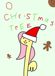Size: 600x824 | Tagged: artist:wollap, christmas, cookie, derpibooru import, fluttershy, fluttertree, food, gingerbread (food), gingerbread man, hat, holiday, safe, santa hat, solo