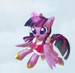 Size: 1098x1072 | Tagged: safe, artist:uher0, derpibooru import, twilight sparkle, twilight sparkle (alicorn), alicorn, pony, clothes, cute, female, flying, magic, mare, solo, twiabetes, winter