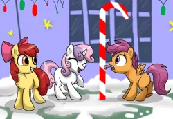 Size: 2176x1500 | Tagged: safe, artist:dawnmistpony, derpibooru import, apple bloom, scootaloo, sweetie belle, earth pony, pegasus, pony, unicorn, hearth's warming eve (episode), 8 foot candy cane, candy, candy cane, cutie mark crusaders, food, hearth's warming eve, licking, snow, stuck, tongue out, tongue stuck to pole