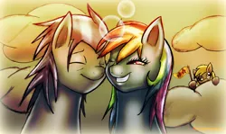 Size: 3300x1967 | Tagged: safe, artist:sixpathsoffriendship, derpibooru import, derpy hooves, rainbow dash, soarin', pegasus, pony, female, male, mare, shipping, soarindash, straight