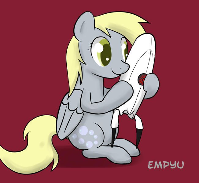 Size: 1000x922 | Tagged: safe, artist:empyu, derpibooru import, derpy hooves, pegasus, pony, 30 minute art challenge, crossover, female, hug, mare, portal (valve), sitting, smiling, solo, turret