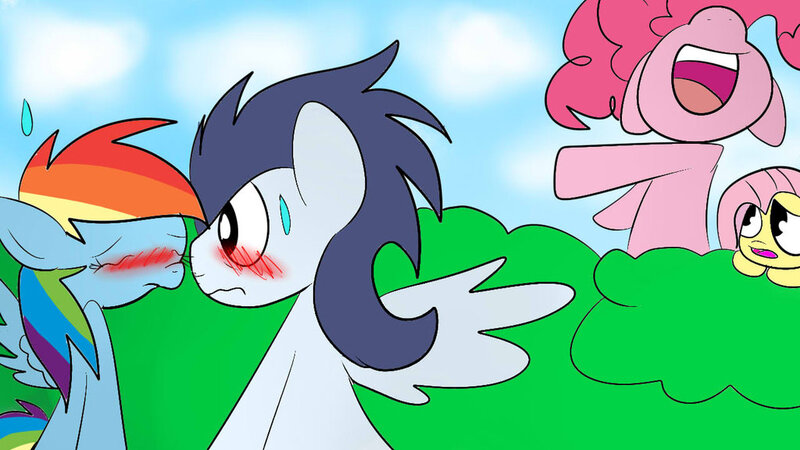 Size: 1024x576 | Tagged: safe, artist:mylittlepony651, derpibooru import, fluttershy, pinkie pie, rainbow dash, soarin', blushing, female, male, shipping, soarindash, straight