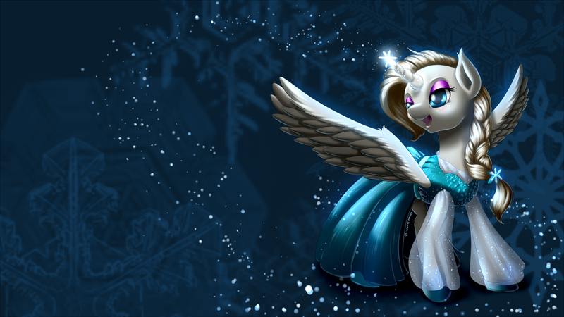 Size: 1920x1080 | Tagged: safe, artist:renatethepony, derpibooru import, ponified, alicorn, pony, clothes, crossover, dress, elsa, frozen (movie), snow, snowflake, solo, wallpaper