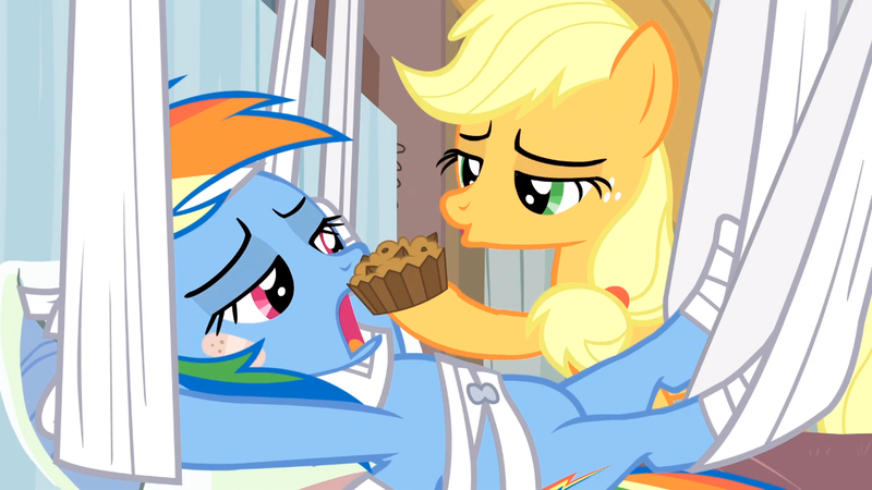 Size: 1280x720 | Tagged: apple brown betty (food), applejack, bandage, derpibooru import, feederjack, feeding, food, hospital, lidded eyes, rainbow dash, rainbow falls, safe, screencap