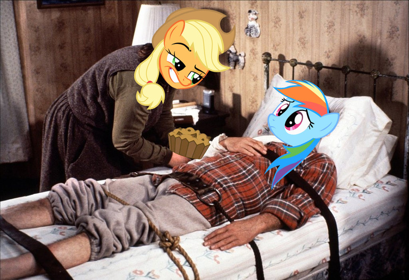 Size: 1024x701 | Tagged: annie wilkes, apple brown betty (food), applejack, bed, derpibooru import, edit, feederjack, feeding, food, meme, misery, paul sheldon, rainbond dash, rainbow dash, safe, tied up