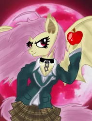 Size: 1280x1680 | Tagged: safe, artist:xquiizitgam3r, derpibooru import, fluttershy, anthro, bat pony, bats!, apple, bat ponified, flutterbat, food, moka akashiya, mokashy, moon, race swap, rosario to vampire, solo