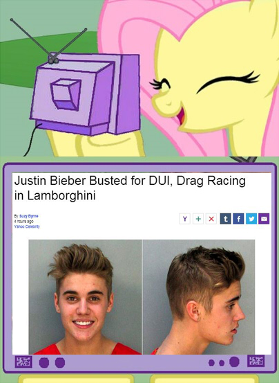 Size: 404x553 | Tagged: arrested, derpibooru import, exploitable meme, fluttershy, it's about time, justin bieber, meme, news, obligatory pony, safe, television, tv meme, yahoo