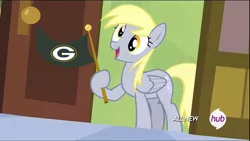 Size: 960x540 | Tagged: safe, derpibooru import, derpy hooves, pegasus, pony, rainbow falls, american football, derpy's flag, female, flag, green bay packers, hub logo, mare, meme, nfl, solo, wisconsin