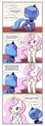 Size: 700x1950 | Tagged: :<, 4koma, artist:jdan-s, butt, cewestia, comic, cute, cutelestia, derpibooru import, eyes closed, female, filly, frown, lunabetes, :o, open mouth, princess celestia, princess luna, pun, raised eyebrow, safe, smiling, sunbutt, thinking, trotting, wide eyes, woona, younger