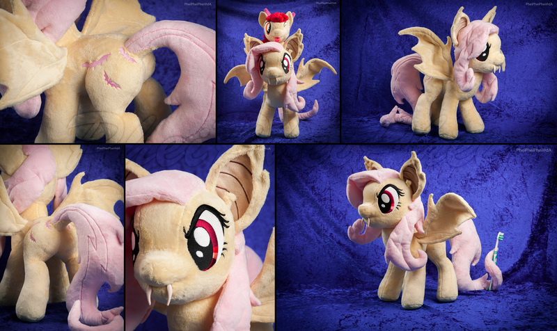 Size: 5163x3071 | Tagged: safe, artist:pheiplushies, derpibooru import, apple bloom, fluttershy, bat pony, pony, bats!, bat ponified, butt, dock, flutterbat, irl, photo, plot, plushie, race swap, toothbrush