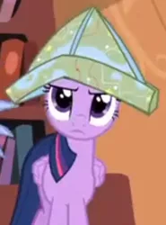 Size: 295x398 | Tagged: safe, derpibooru import, screencap, twilight sparkle, twilight sparkle (alicorn), alicorn, pony, three's a crowd, cartographer's cap, female, hat, map, mare, paper hat, solo
