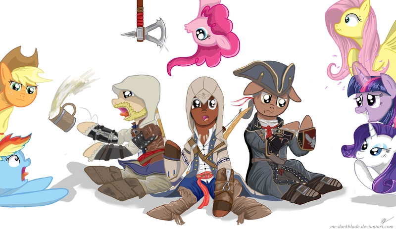 Size: 3413x1977 | Tagged: safe, artist:mr-darkblade, derpibooru import, applejack, fluttershy, pinkie pie, rainbow dash, rarity, twilight sparkle, twilight sparkle (alicorn), ponified, alicorn, pony, assassin's creed, assassin's creed iii, assassin's creed iv black flag, axe, bow, cider, connor kenway, edward kenway, haytham kenway, hidden blade, mane six, tomahawk, weapon