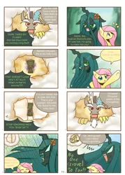 Size: 1480x2071 | Tagged: artist:howxu, chrysalis's fluttered adventure, comic, derpibooru import, discord, fluttershy, monty python, monty python and the holy grail, parody, queen chrysalis, safe