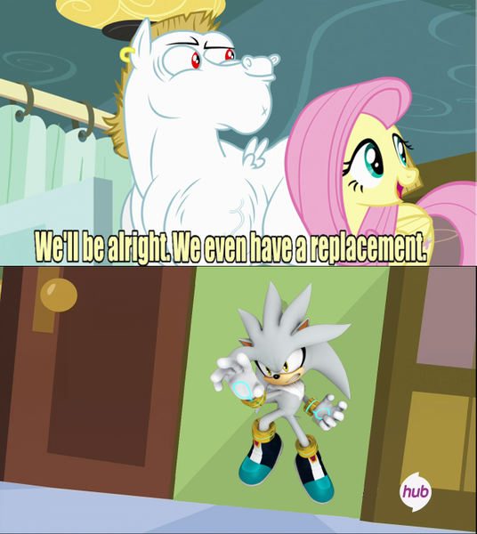 Size: 640x717 | Tagged: bulk biceps, derpibooru import, exploitable meme, flipped, fluttershy, it's no use, meme, rainbow falls, replacement meme, safe, silver the hedgehog, sonic the hedgehog (series)