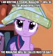 Size: 1494x1570 | Tagged: questionable, derpibooru import, twilight sparkle, twilight sparkle (alicorn), alicorn, pony, season 4, three's a crowd, caption, female, hat, image macro, mare, meme, paper hat, pun, solo, solo female, text